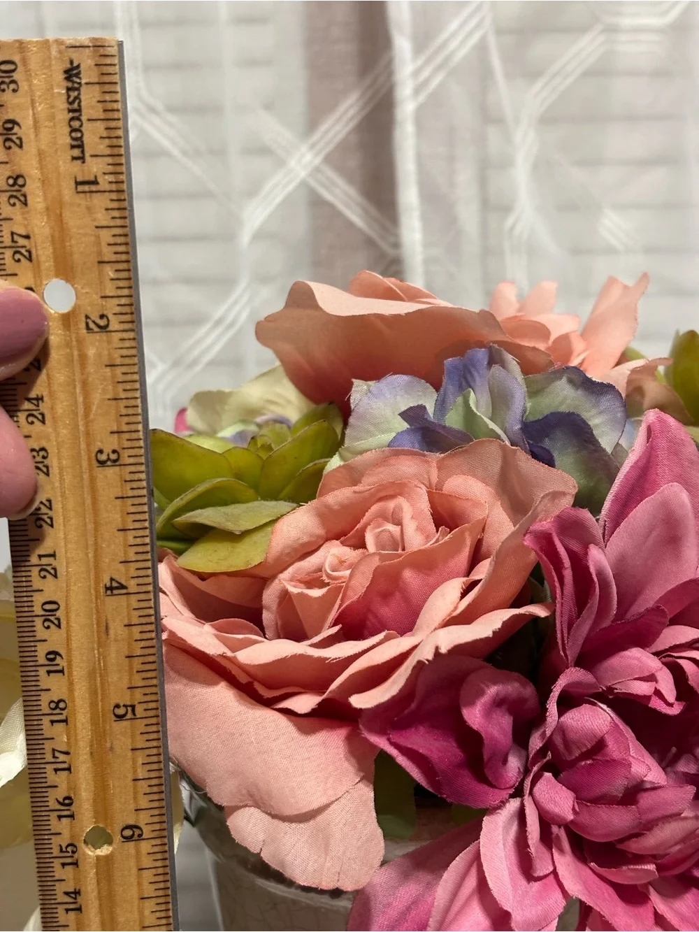 Artificial Floral Arrangement with Pink Dahlia Accent Rustic glazed ceramic vase